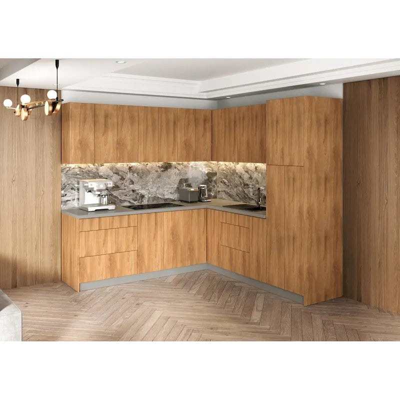 Ensemble de Meubles de Cuisine Modernes, Couleur Teck Naturel avec Base Noire 2,4 x 2,4 m
