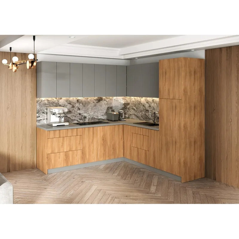 Ensemble de Meubles de Cuisine Modernes, Couleur Teck Naturel avec Base Noire 2,4 x 2,4 m