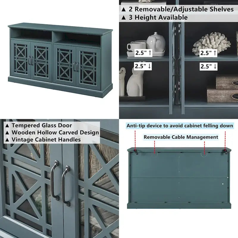 Buffet console de table vert sarcelle foncé avec portes vitrées et rangement