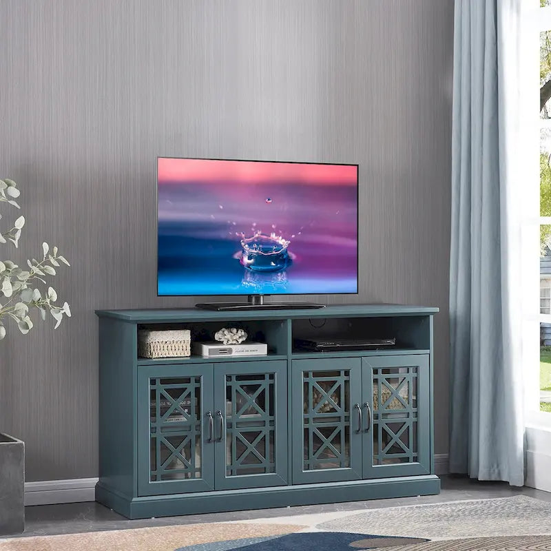 Buffet console de table vert sarcelle foncé avec portes vitrées et rangement
