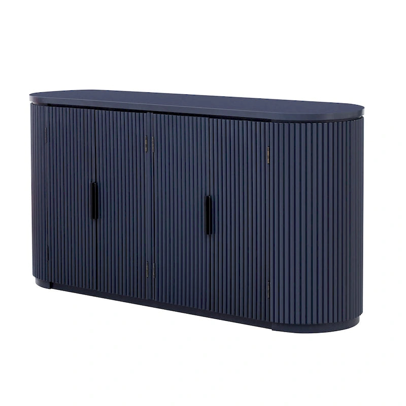Armoire de rangement à portes rayées verticales avec poignées métalliques, étagères réglables