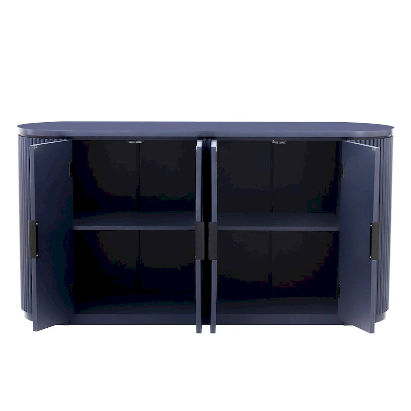 Armoire de rangement à portes rayées verticales avec poignées métalliques, étagères réglables