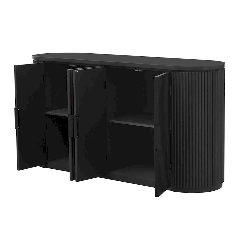 Armoire de rangement à portes rayées verticales avec poignées métalliques, étagères réglables