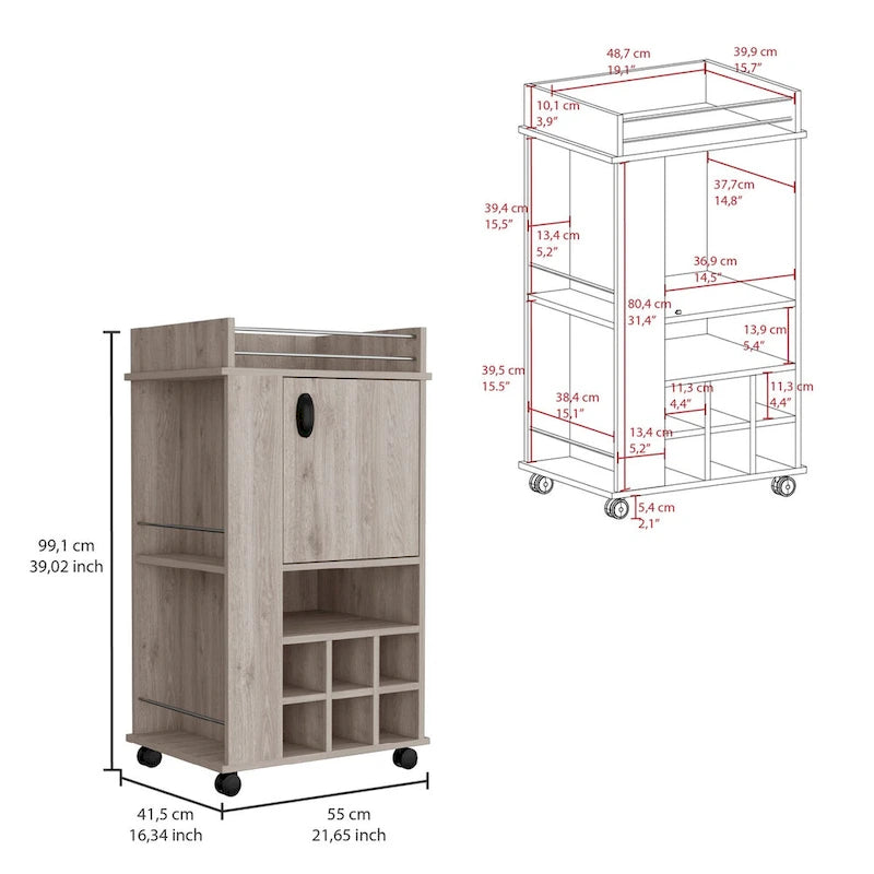 Bar mobile avec meuble à vin Meuble à alcool 6 porte-bouteilles intégrés et roulettes