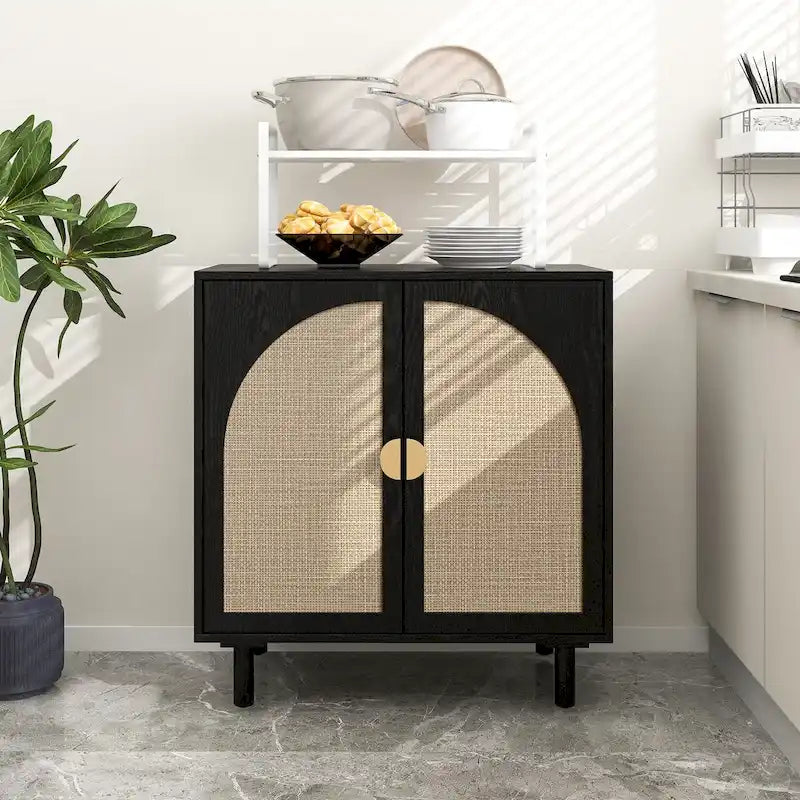 Meuble de rangement 2 portes en bois avec portes en rotin et étagères réglables pour chambre et salon