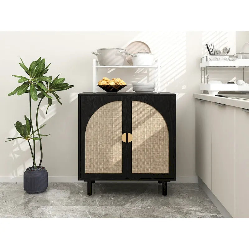 Meuble de rangement 2 portes en bois avec portes en rotin et étagères réglables pour chambre et salon