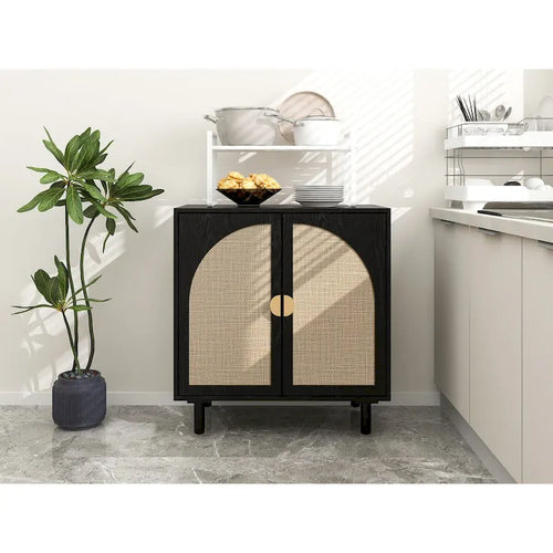 Meuble de rangement 2 portes en bois avec portes en rotin et étagères réglables pour chambre et salon