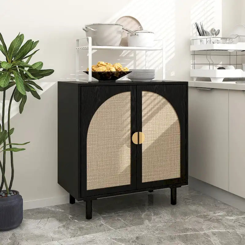Meuble de rangement 2 portes en bois avec portes en rotin et étagères réglables pour chambre et salon
