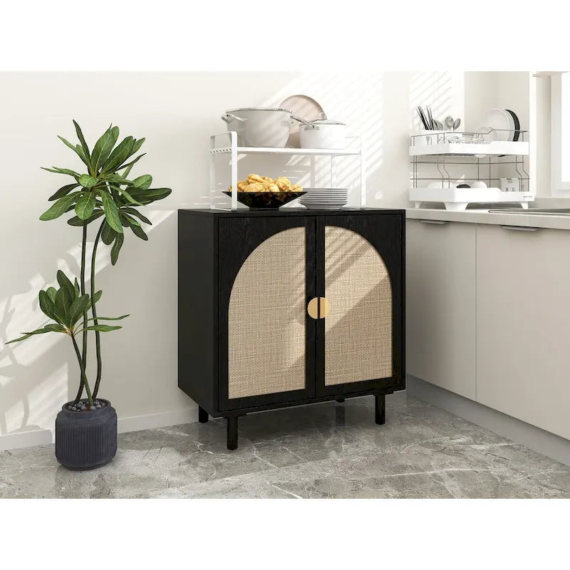 Meuble de rangement 2 portes en bois avec portes en rotin et étagères réglables pour chambre et salon