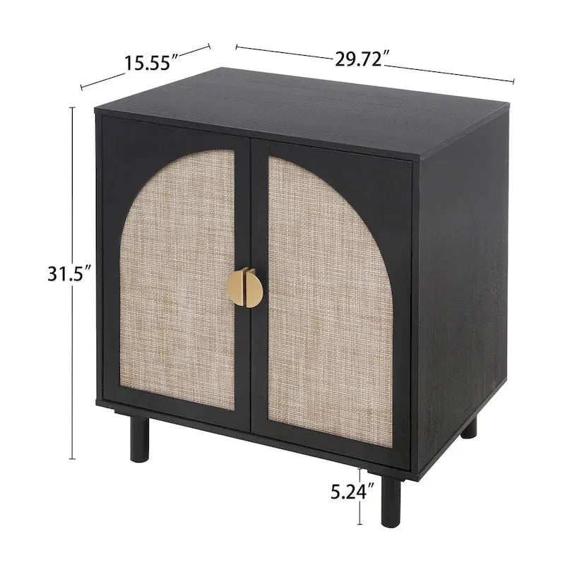 Meuble de rangement 2 portes en bois avec portes en rotin et étagères réglables pour chambre et salon