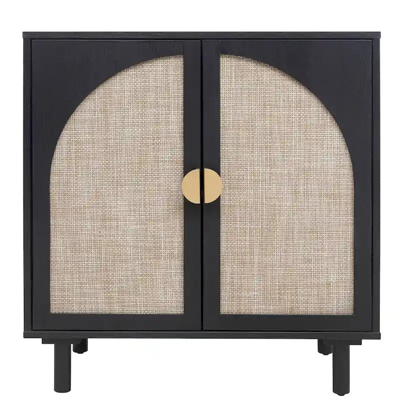 Meuble de rangement 2 portes en bois avec portes en rotin et étagères réglables pour chambre et salon