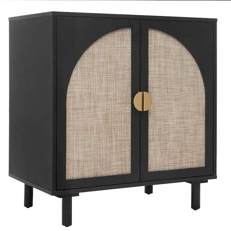 Meuble de rangement 2 portes en bois avec portes en rotin et étagères réglables pour chambre et salon