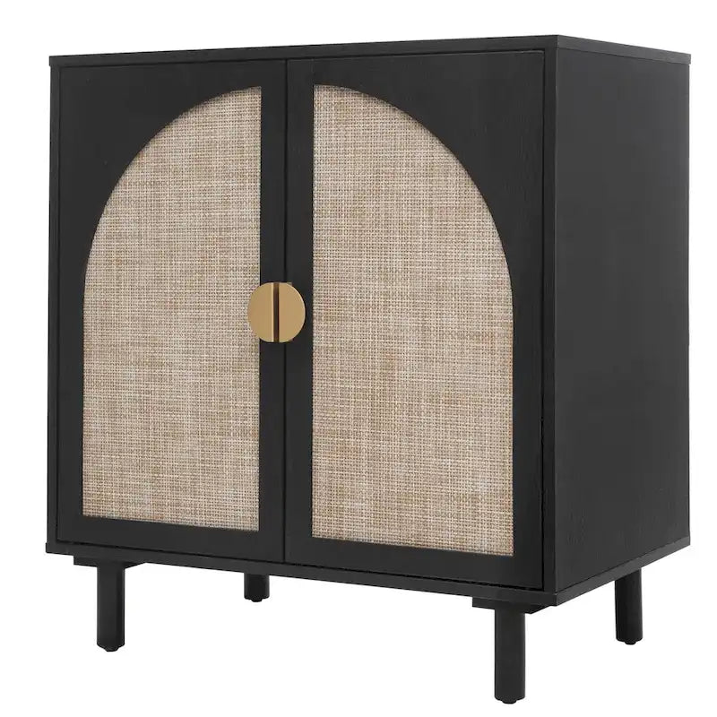 Meuble de rangement 2 portes en bois avec portes en rotin et étagères réglables pour chambre et salon