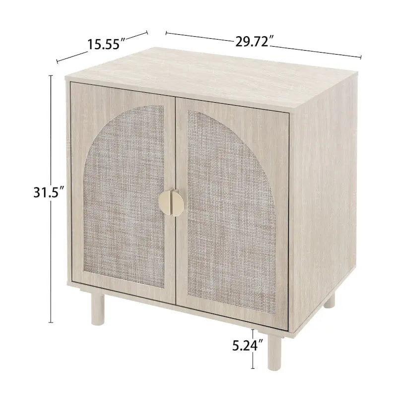 Meuble de rangement 2 portes en bois avec portes en rotin et étagères réglables pour chambre et salon