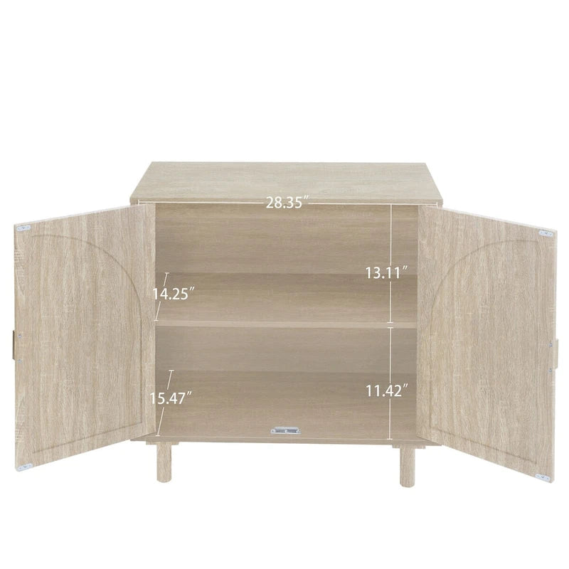 Meuble de rangement 2 portes en bois avec portes en rotin et étagères réglables pour chambre et salon