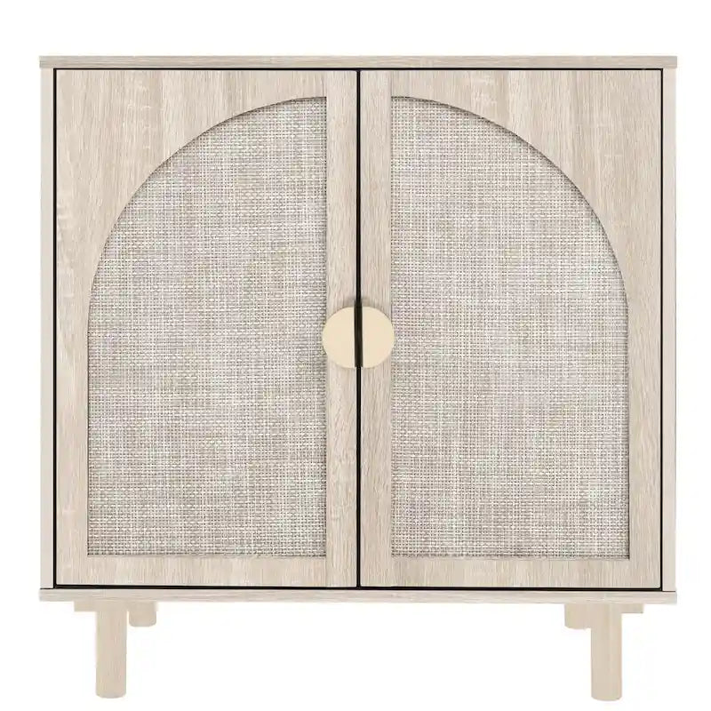 Meuble de rangement 2 portes en bois avec portes en rotin et étagères réglables pour chambre et salon