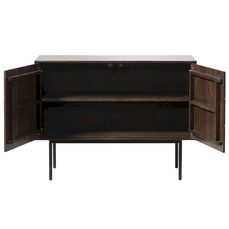 Buffet moderne en chêne espresso avec portes géométriques et base en métal noir mat