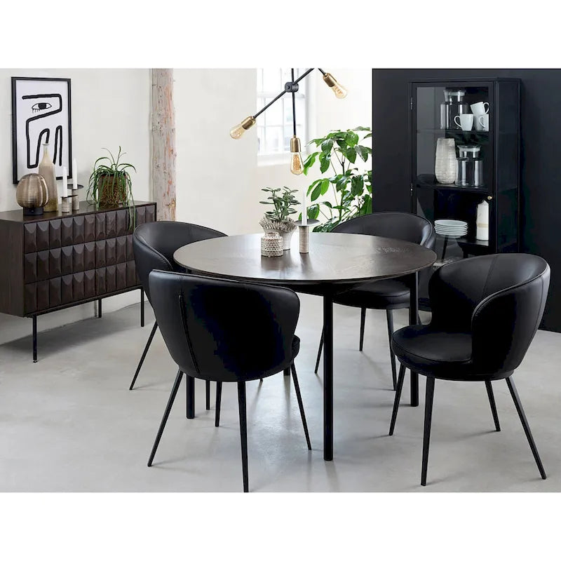 Buffet moderne en chêne espresso avec portes géométriques et base en métal noir mat