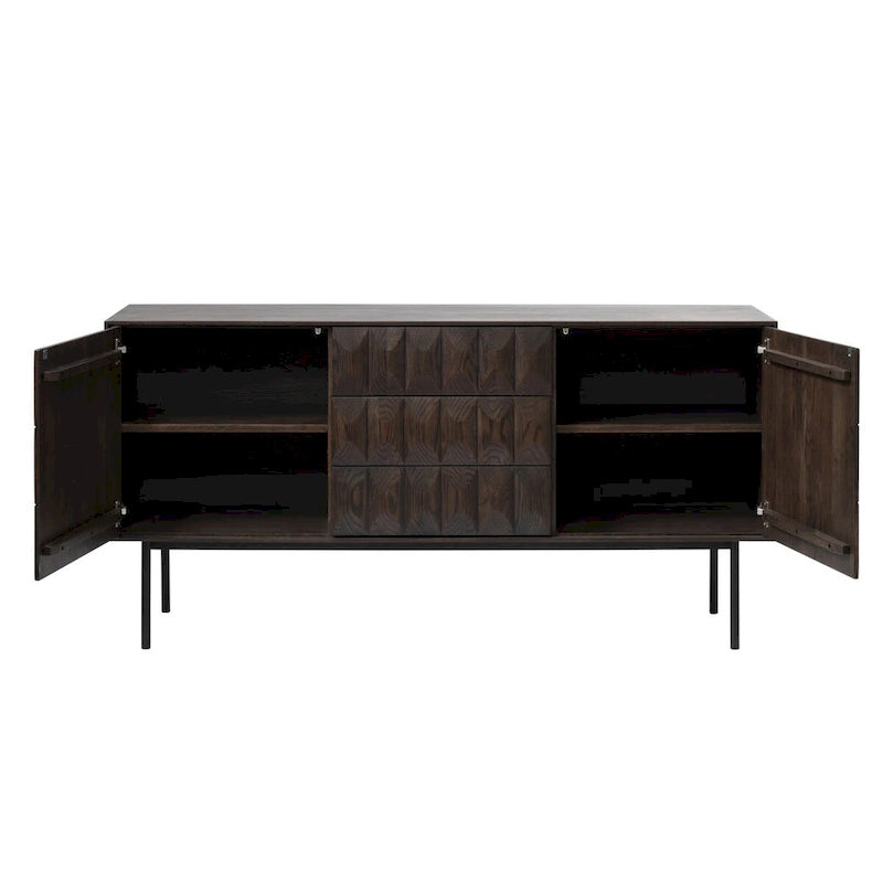 Buffet moderne en chêne espresso avec portes géométriques et base en métal noir mat