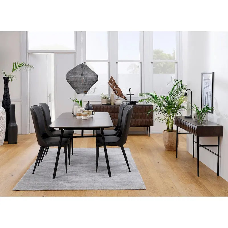 Buffet moderne en chêne espresso avec portes géométriques et base en métal noir mat