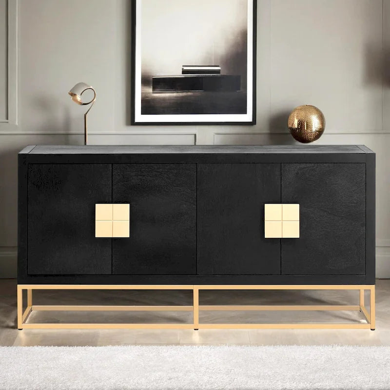 Buffet de luxe à 4 portes avec étagères réglables et pieds en métal