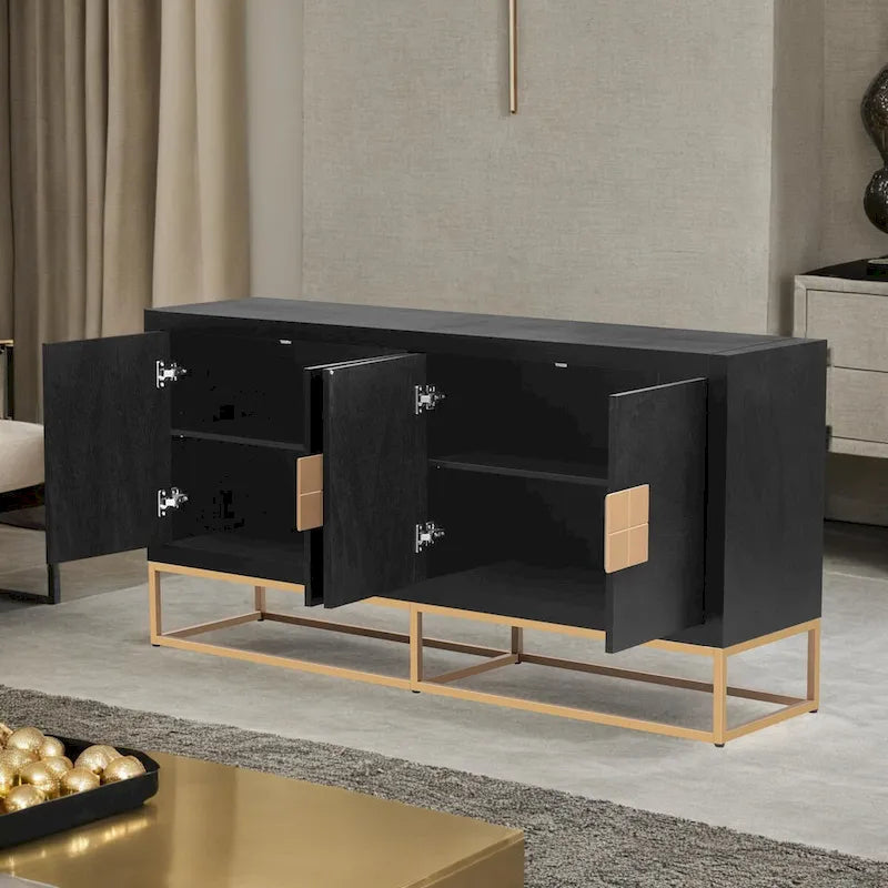 Buffet de luxe à 4 portes avec étagères réglables et pieds en métal