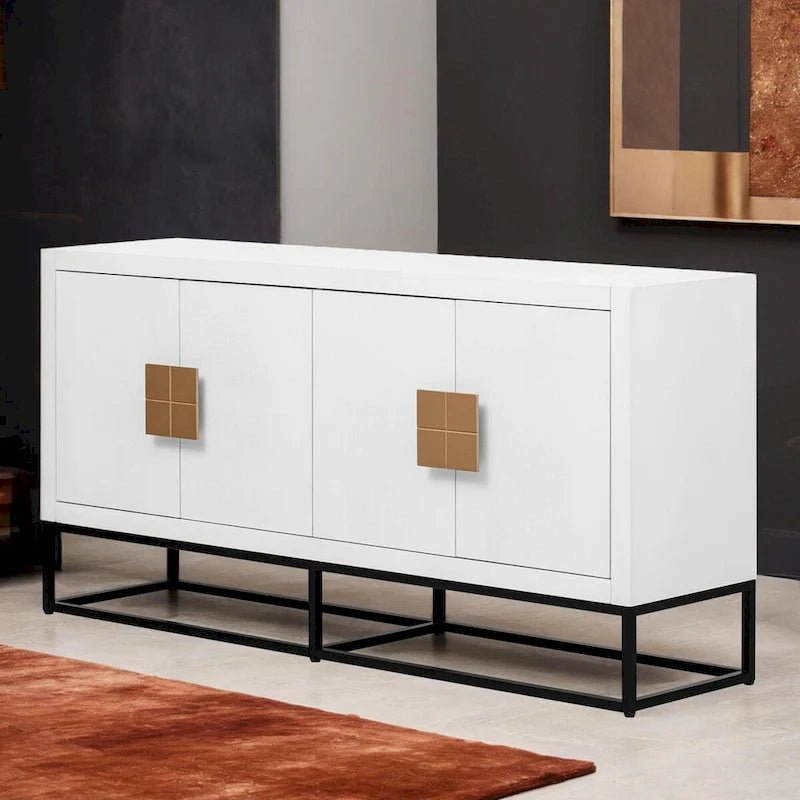 Buffet de luxe à 4 portes avec étagères réglables et pieds en métal