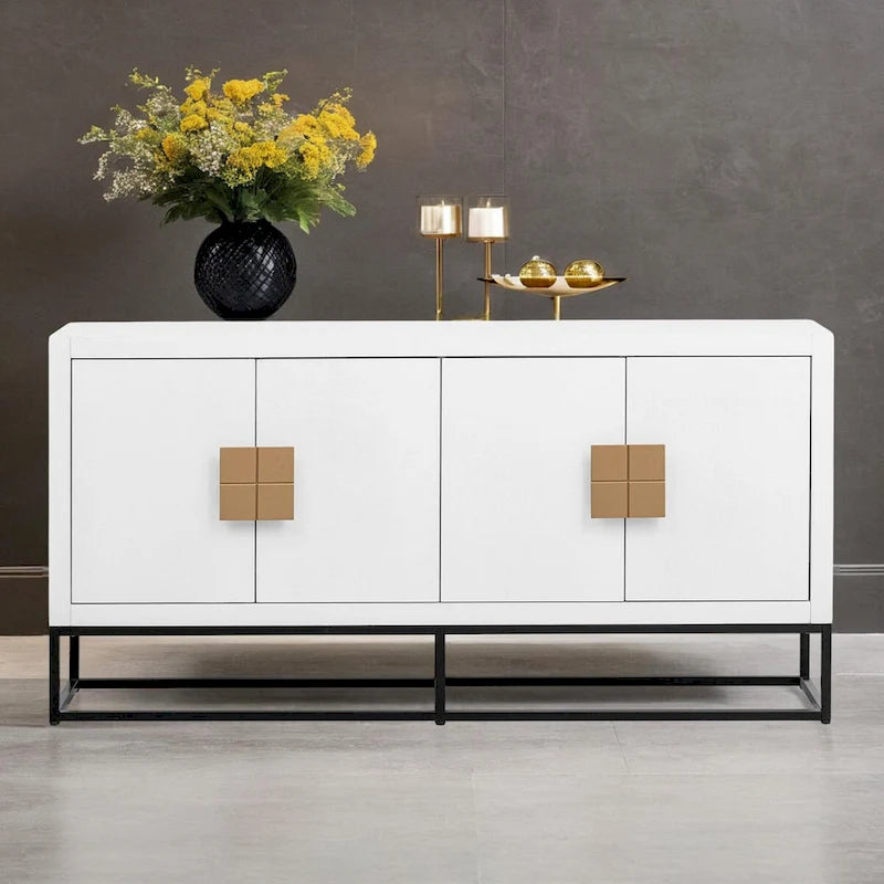 Buffet de luxe à 4 portes avec étagères réglables et pieds en métal