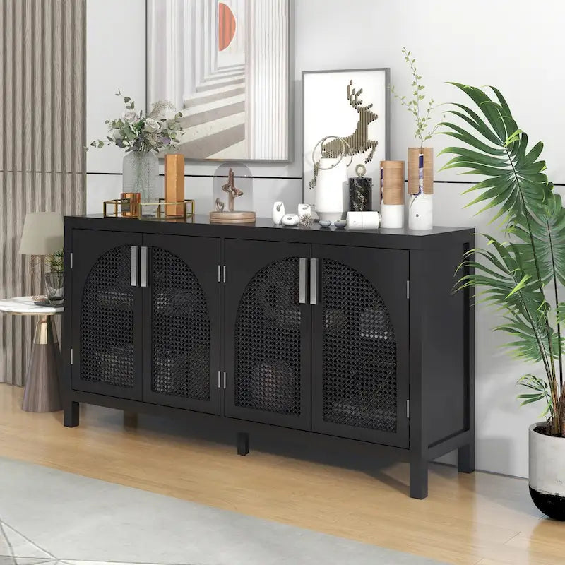 Buffet avec porte en rotin synthétique et poignées en métal – 120L x 30P x 80H cm