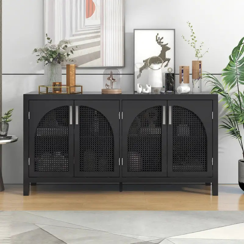 Buffet avec porte en rotin synthétique et poignées en métal – 120L x 30P x 80H cm