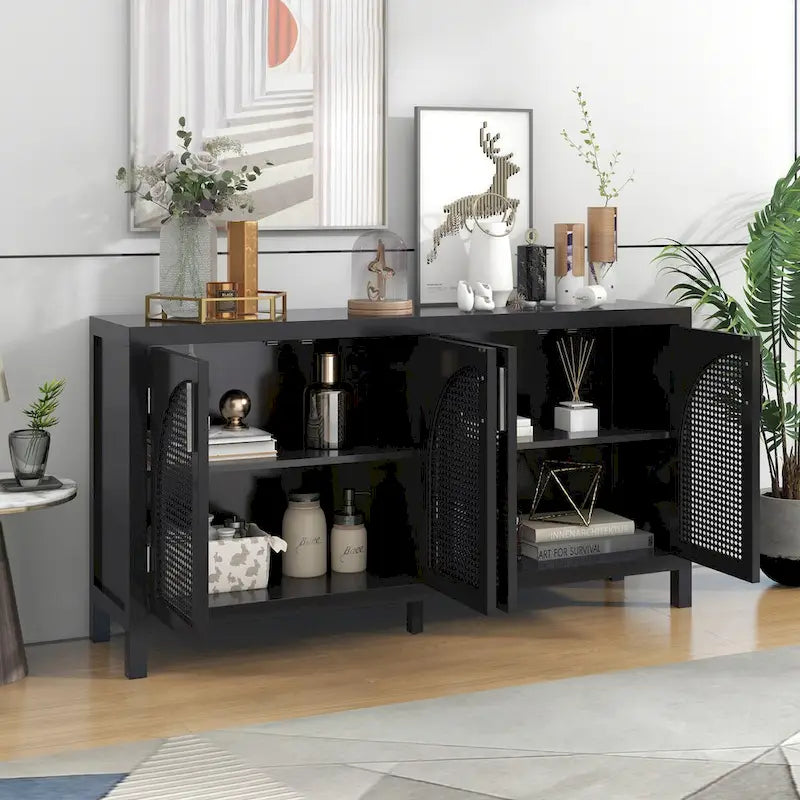 Buffet avec porte en rotin synthétique et poignées en métal – 120L x 30P x 80H cm