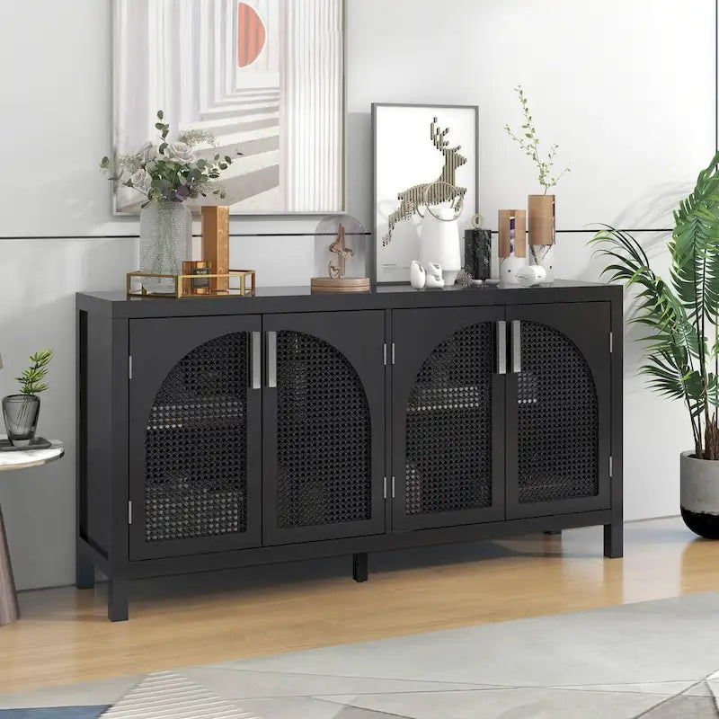 Buffet avec porte en rotin synthétique et poignées en métal – 120L x 30P x 80H cm
