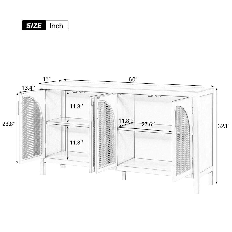 Buffet avec porte en rotin synthétique et poignées en métal – 120L x 30P x 80H cm