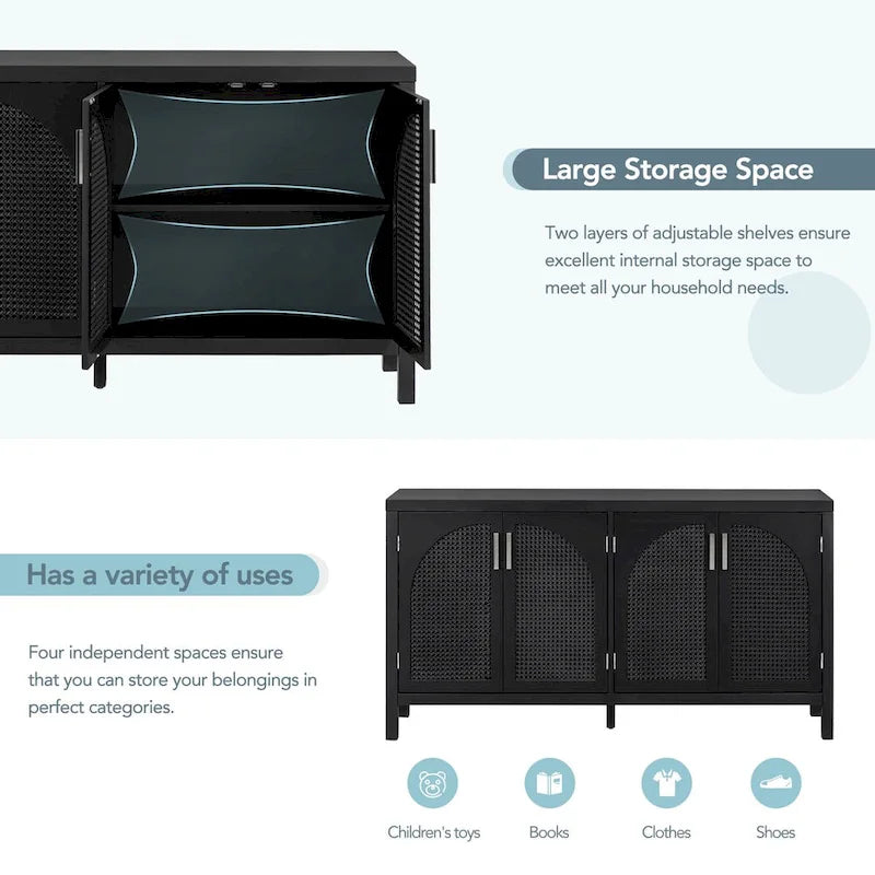 Buffet avec porte en rotin synthétique et poignées en métal – 120L x 30P x 80H cm