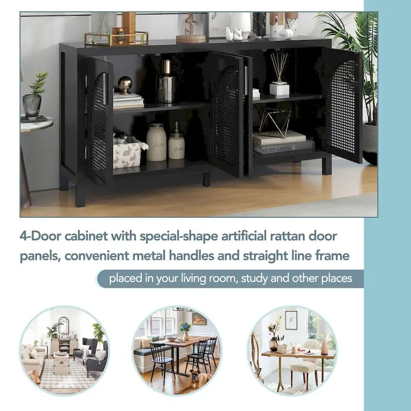 Buffet avec porte en rotin synthétique et poignées en métal – 120L x 30P x 80H cm