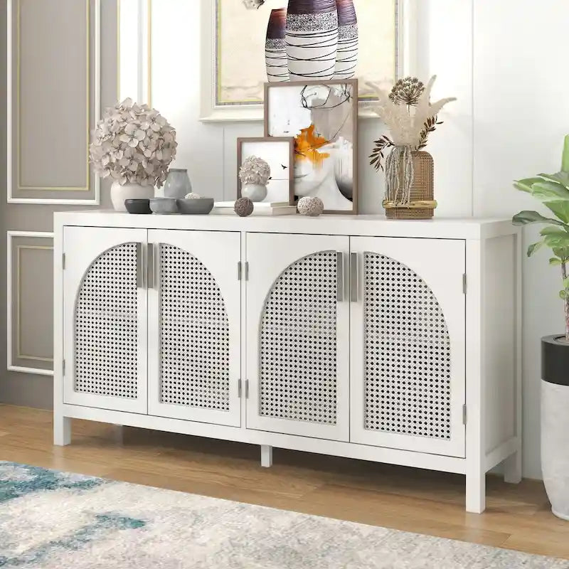 Buffet avec porte en rotin synthétique et poignées en métal – 120L x 30P x 80H cm
