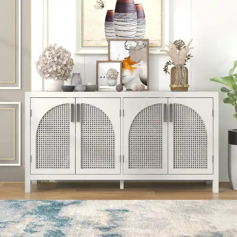 Buffet avec porte en rotin synthétique et poignées en métal – 120L x 30P x 80H cm