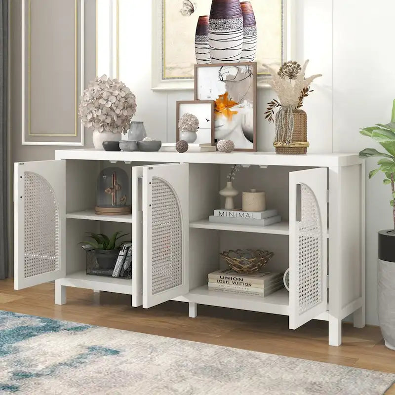 Buffet avec porte en rotin synthétique et poignées en métal – 120L x 30P x 80H cm