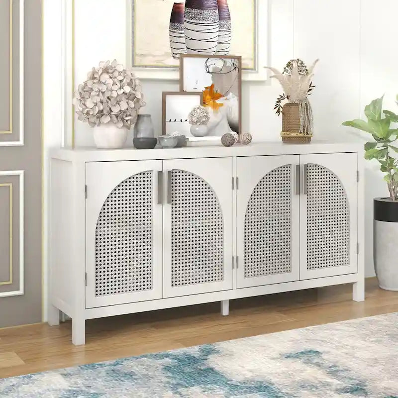 Buffet avec porte en rotin synthétique et poignées en métal – 120L x 30P x 80H cm
