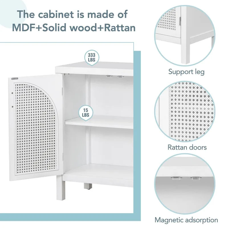 Buffet avec porte en rotin synthétique et poignées en métal – 120L x 30P x 80H cm