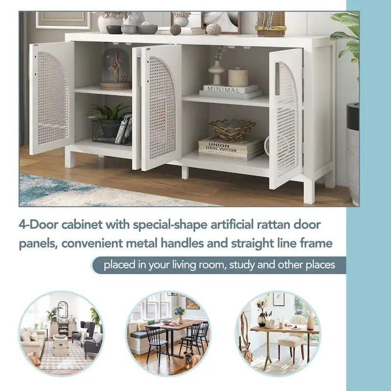 Buffet avec porte en rotin synthétique et poignées en métal – 120L x 30P x 80H cm