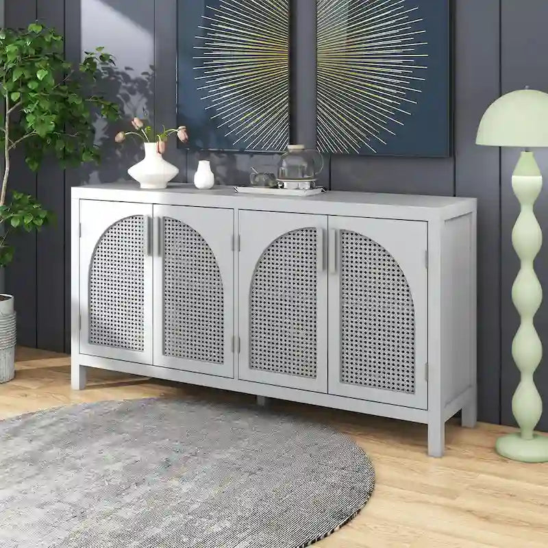 Buffet avec porte en rotin synthétique et poignées en métal – 120L x 30P x 80H cm