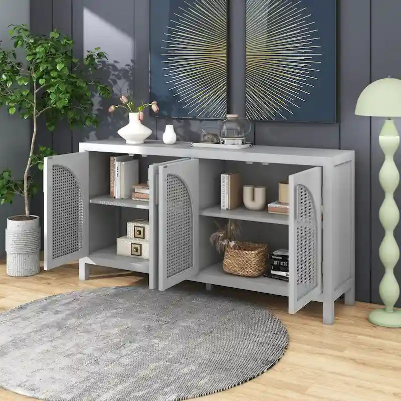 Buffet avec porte en rotin synthétique et poignées en métal – 120L x 30P x 80H cm