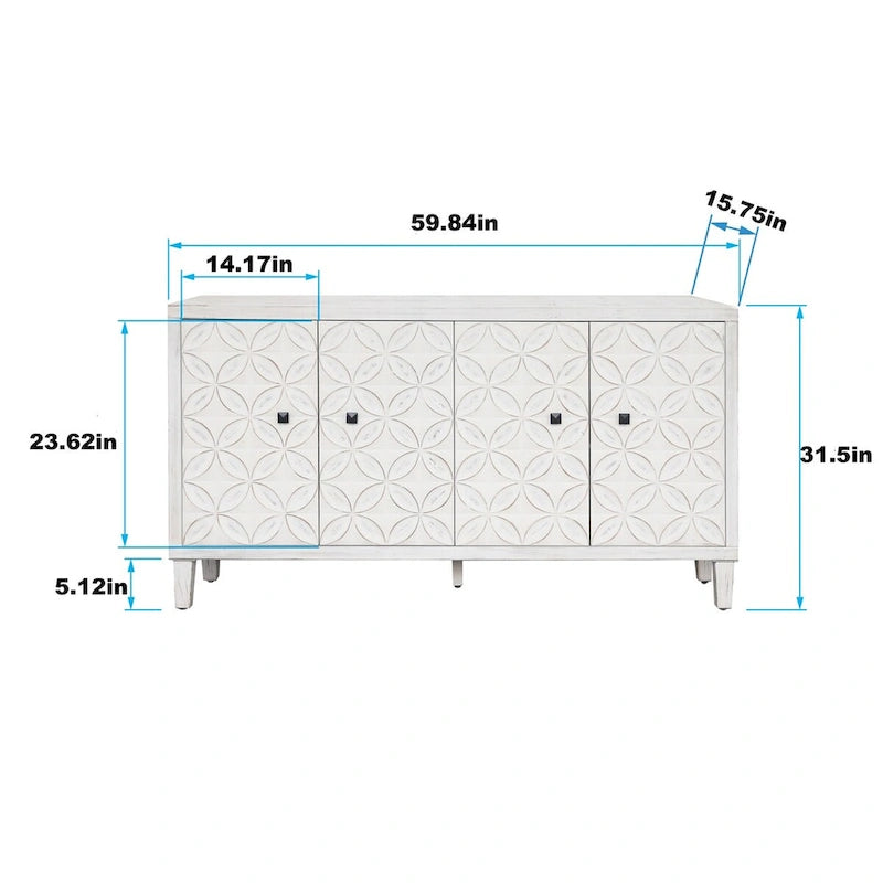 Buffet bas en bois 4 portes effet bois blanchi