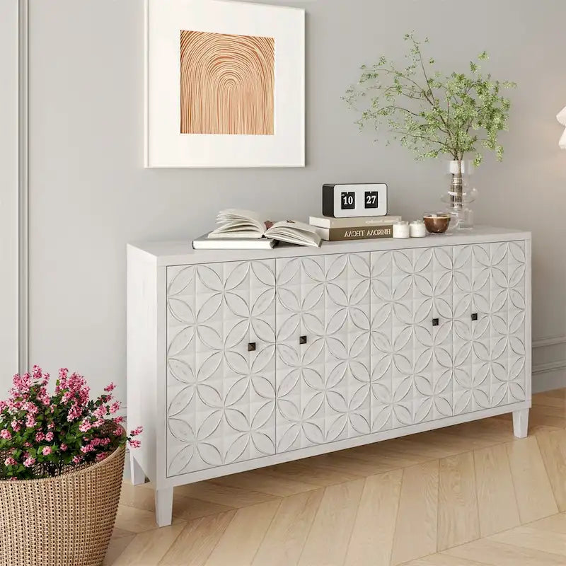 Buffet bas en bois 4 portes effet bois blanchi