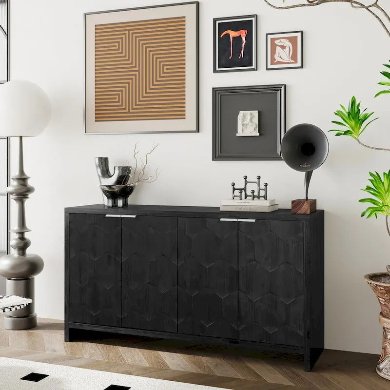 Buffet en bois à 4 portes avec motifs hexagonaux