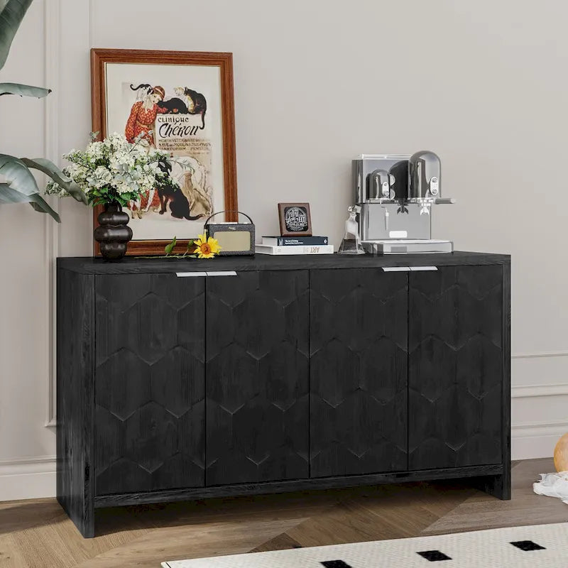 Buffet en bois à 4 portes avec motifs hexagonaux