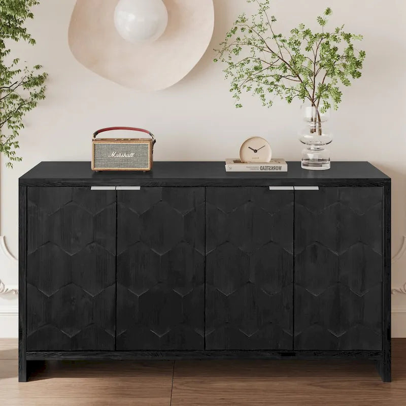 Buffet en bois à 4 portes avec motifs hexagonaux