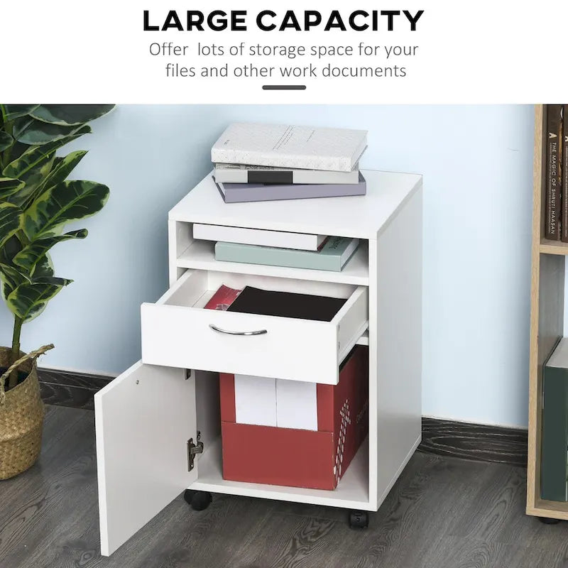Meuble de rangement mobile moderne avec 1 étagère, 1 tiroir et 1 placard, support d'imprimante avec roulettes