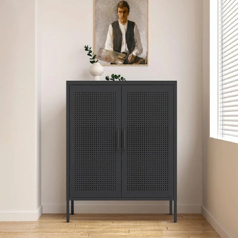 Armoire de rangement en acier verrouillable avec 2 portes grillagées et étagères réglables